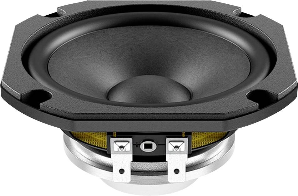 Eine Nahaufnahme eines schwarzen Lautsprecherchassis zeigt die Membran, die Sicke und den Befestigungsrahmen. Die Metallklemmen für Verbindungen sind an der Basis sichtbar.