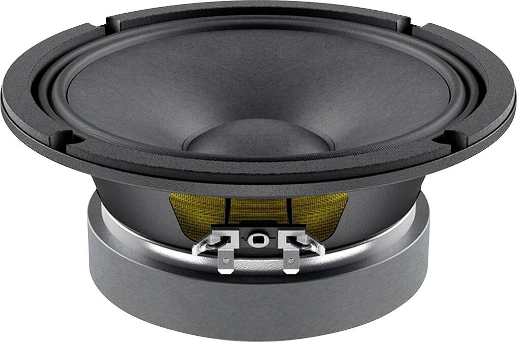 Ein schwarz-grauer Lautsprecher mit einer gelben Membran und Metallanschlüssen an der Basis, entworfen für die Audiowiedergabe.