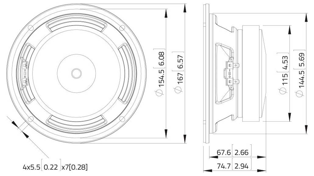 'Lautsprecher-Technisches Diagramm': Kreisförmige Lautsprecher-Vorder- und Seitenansicht mit Abmessungen. Vorderansicht: Durchmesser 167 Einheiten. Seitenansicht: Tiefe 67,6 Einheiten.