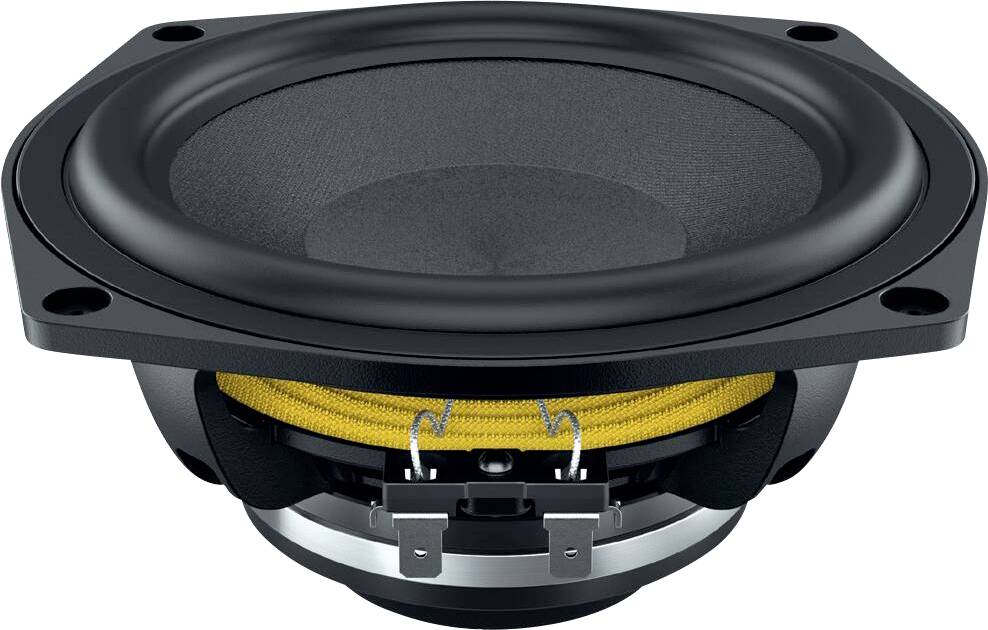 Ein schwarzer Lautsprecher mit einer Meshschutzkappe und sichtbaren Spulendetails, typischerweise in Audiosystemen verwendet.