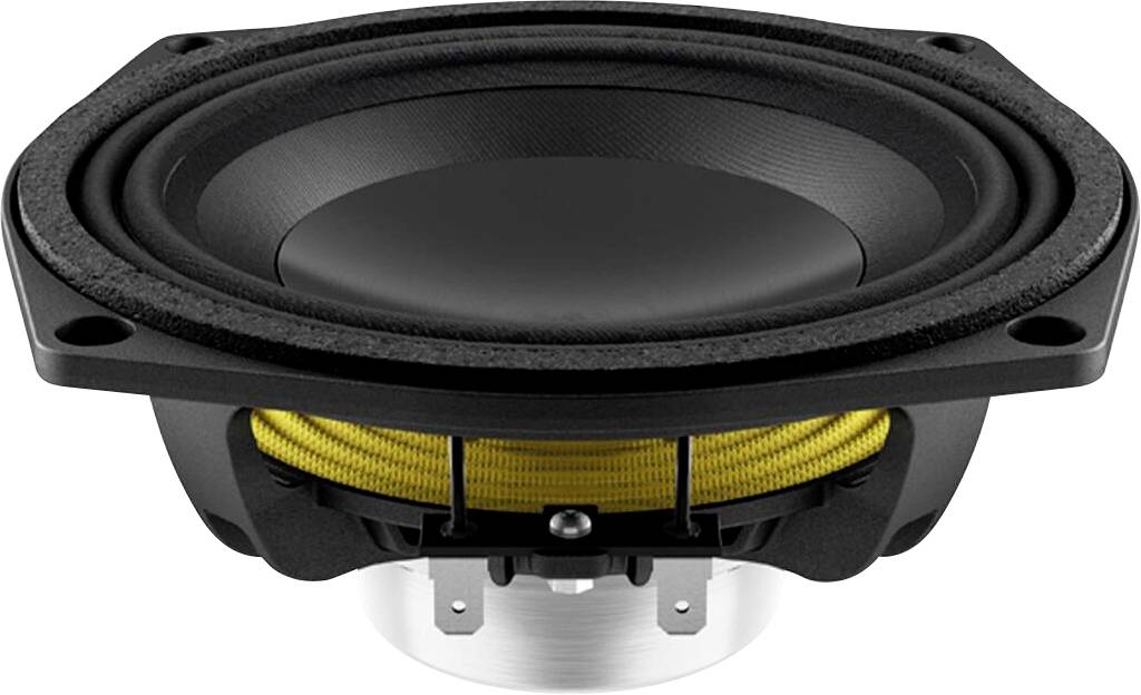 Eine Nahaufnahme eines schwarzen und gelben Audiolautsprechers, die seinen Konus und die Montagekonstruktion zeigt und die Details der Soundausrüstung hervorhebt.