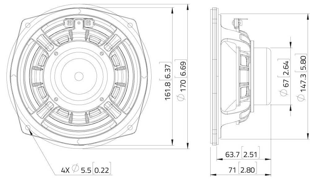 Ein technisches Diagramm eines runden Lautsprechers mit Front- und Seitenansichten mit Abmessungen in Millimetern und Zoll.