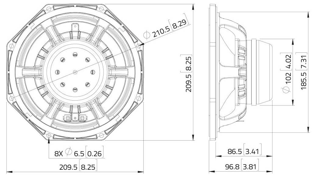Technische Zeichnung eines Lautsprechers mit Vorder- und Seitenansicht, mit Abmessungen: Durchmesser 210,5mm, Tiefe 185,5mm, Befestigungslochplan.