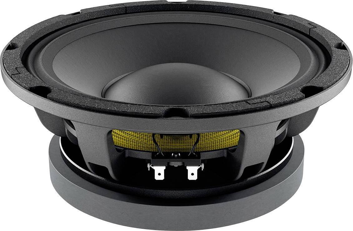 Ein schwarzer Audiosprecherkegel mit einem gelben Element, das sichtbar ist, wahrscheinlich Teil einer Soundanlage oder eines Lautsprecheraufbaus.