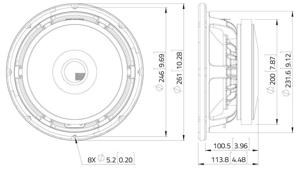 Technische Zeichnung eines runden Lautsprechers mit Vorder- und Seitenansicht. Die Abmessungen umfassen einen Durchmesser von 246 mm, eine Tiefe von 100,5 mm und acht Bohrungen mit einem Durchmesser von 5,2 mm.