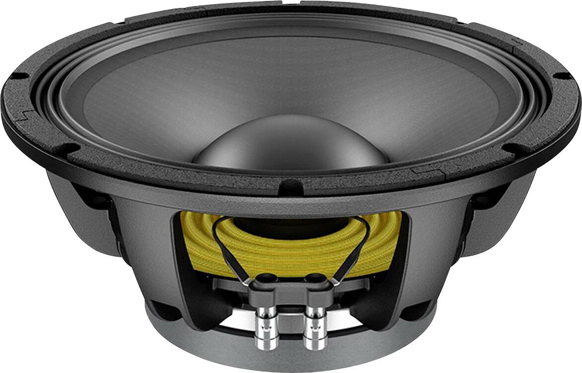 Großer runder Audiosprecherkegel mit schwarzem Rahmen und gelbem Aufhängungssystem, von vorne betrachtet mit sichtbaren Anschlüssen am unteren Ende.