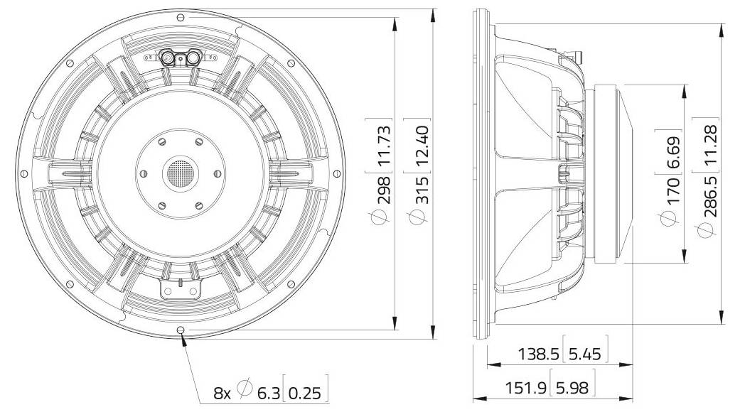 Lautsprecherdesign-Konstruktionszeichnung mit Vorder- und Seitenansicht mit Abmessungen. Der Durchmesser beträgt 106 mm, die Tiefe 54 mm, und Gehäusedetails sind enthalten.