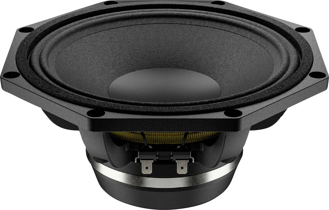 Ein schwarzer sechseckiger Subwoofer-Lautsprecher mit einem großen zentralen Konus, entwickelt zur Erzeugung von Tieffrequenztönen, aus einer Seitenperspektive betrachtet.