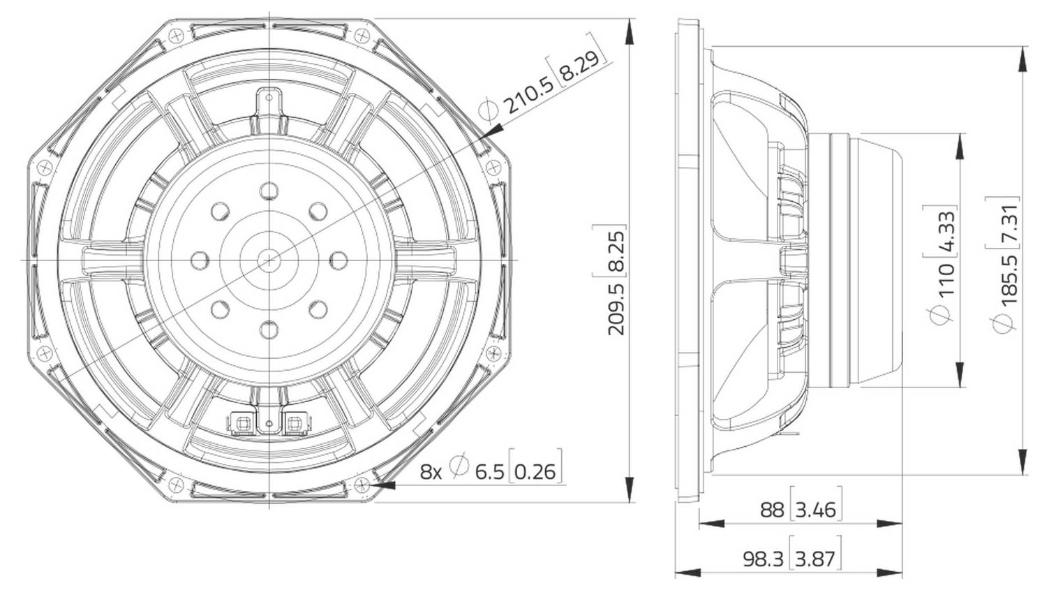 Technische Zeichnung eines Lautsprechers, Vorder- und Seitenansicht. Beschriftete Abmessungen: Durchmesser 210,5 mm, Tiefe 110 mm, Lochkreis 209,5 mm.