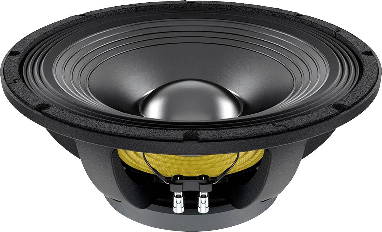 Ein Nahaufnahmebild eines schwarzen Lautsprechers mit sichtbarem gelbem Aufhängungsring und metallischer zentraler Kuppel, das sein Design zeigt.