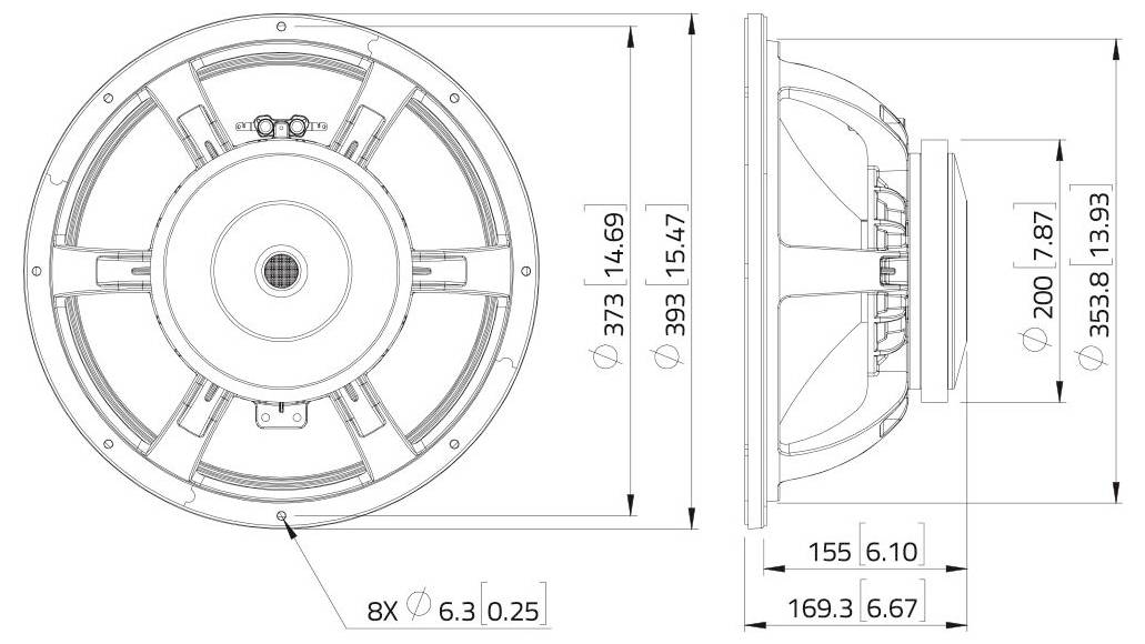 Technisches Diagramm eines runden Lautsprecherdesigns. Front- und Seitenansichten werden mit Abmessungen angezeigt: Durchmesser 373 cm, Tiefe 200 cm und mehrere detaillierte Messungen.