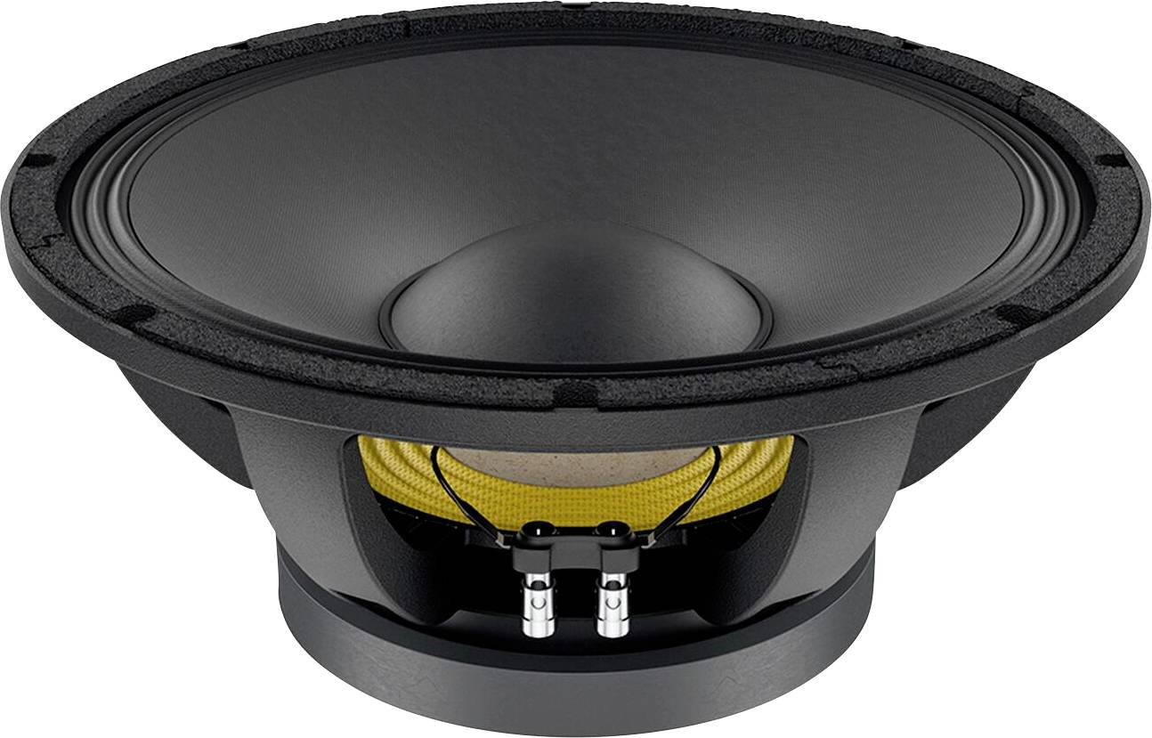 Ein großer schwarzer Lautsprecherkegel mit gelbem Sicken und Metallverbindern, wobei die schallproduzierenden Komponenten hervorgehoben werden.
