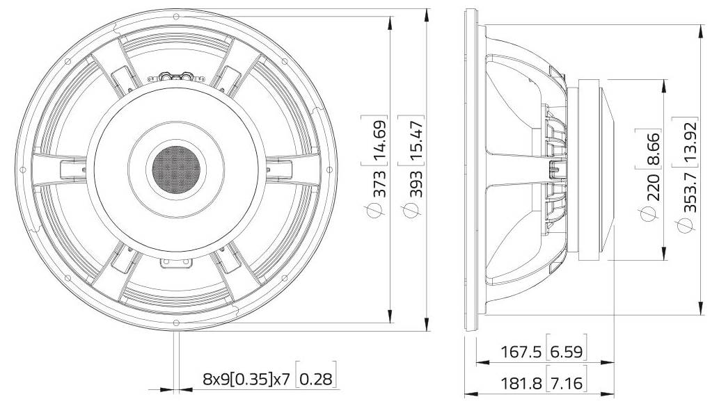 Technisches Diagramm eines runden Lautsprechers mit Seiten- und Frontansicht sowie Abmessungen. Wichtigste Messwerte umfassen einen Durchmesser von 373 mm und eine Tiefe von 181,8 mm.