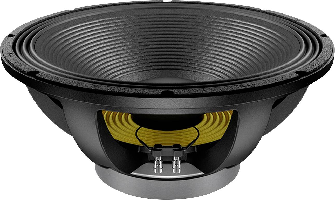 Ein großer schwarzer Lautsprecherchassis mit einer gelben Spule und Anschllussklemmen an der Basis, die sein Design und seine innere Struktur zeigen.