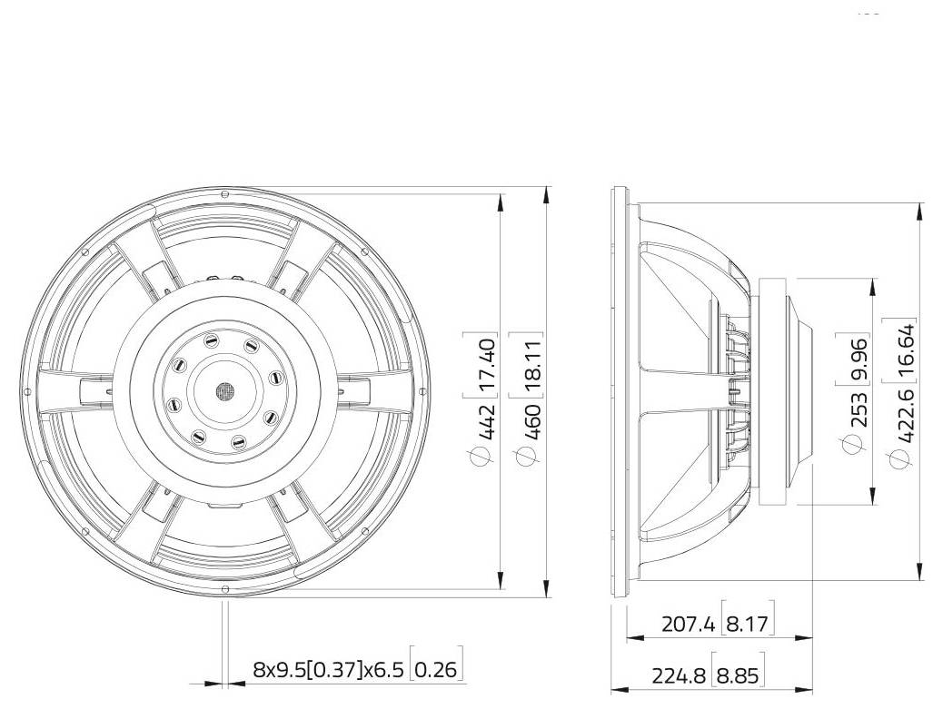 Technische Zeichnung eines runden Lautsprechers mit Vorder- und Seitenansicht und Abmessungen: Vorderansicht Durchmesser 442 mm, Seitenansicht Tiefe 166,4 mm.