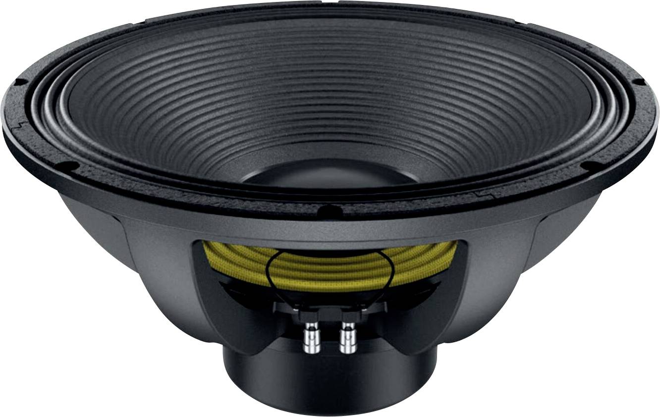 Ein großer schwarz-gelber Lautsprechercone mit sichtbarer Spule und Anschlüssen, konzipiert zur Erzeugung von tiefem Bassklang in Audiosystemen.