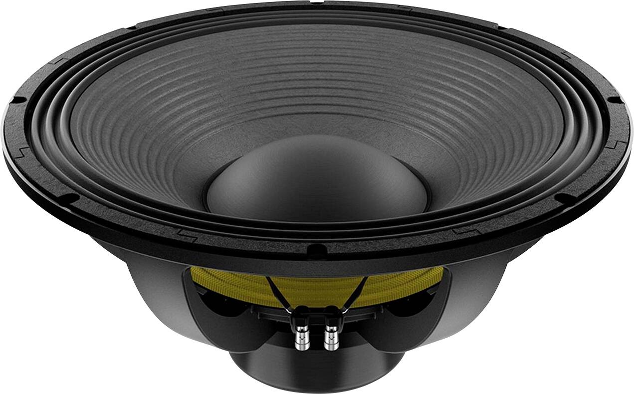 Ein großer, schwarzer Lautsprechertrichter mit gerippter Oberfläche und gelber Aufhängung, häufig in Audiogeräten zur Schallverstärkung verwendet.