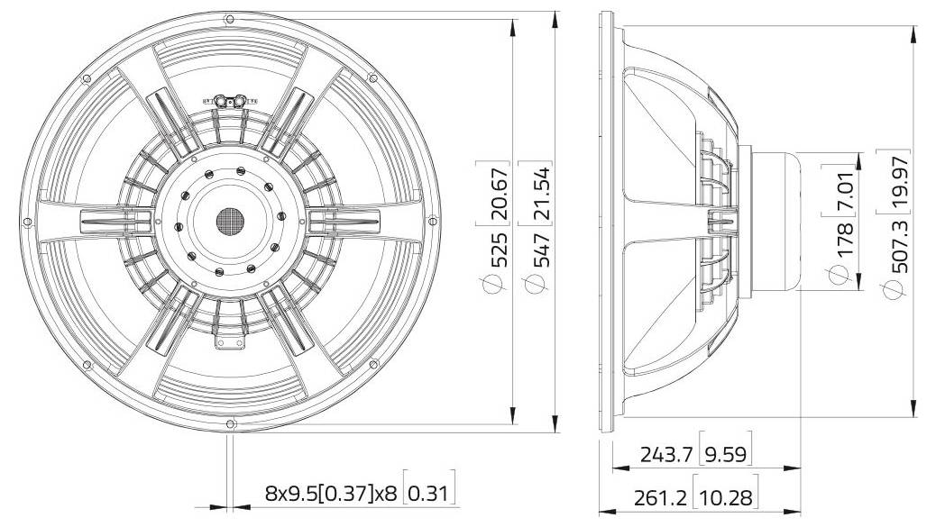 Technische Zeichnung eines Lautsprechers mit detaillierten Abmessungen in Millimetern und Zoll, zeigt Vorder- und Seitenansichten mit Abmessungen.