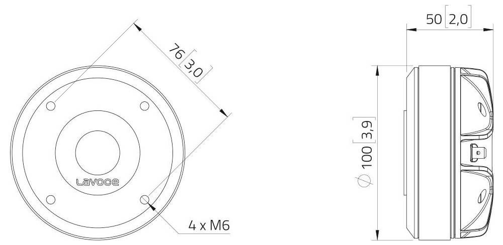 Technische Zeichnung einer kreisförmigen LED-Leuchte mit Abmessungen: 76 mm Durchmesser, 50 mm Höhe, mit 4 M6-Schraubenlöchern. Seiten- und Vorderansicht dargestellt.
