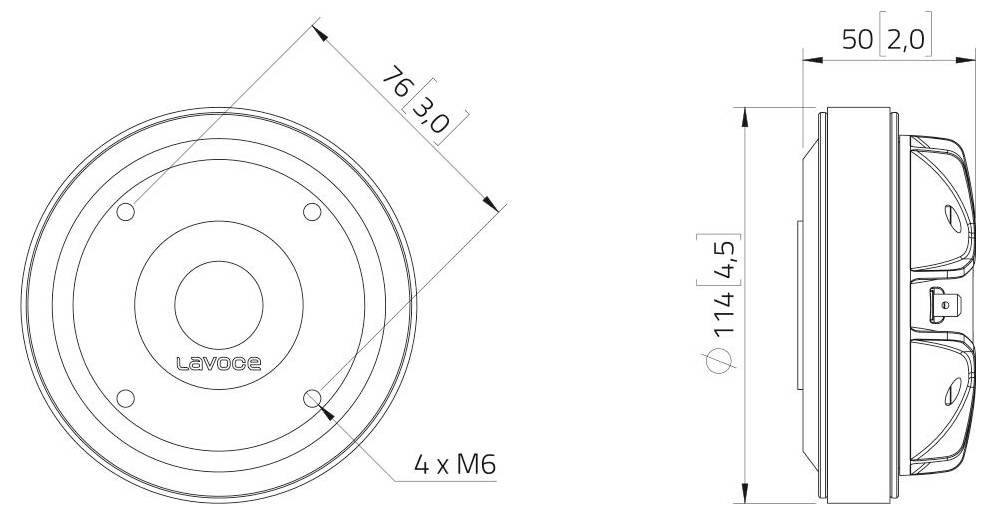Technisches Schaltschema eines runden Rauchmelders mit den Abmessungen: 76 mm Durchmesser, 46 mm Höhe, 90 mm Gesamttiefe und 4 M6-Befestigungslöcher.