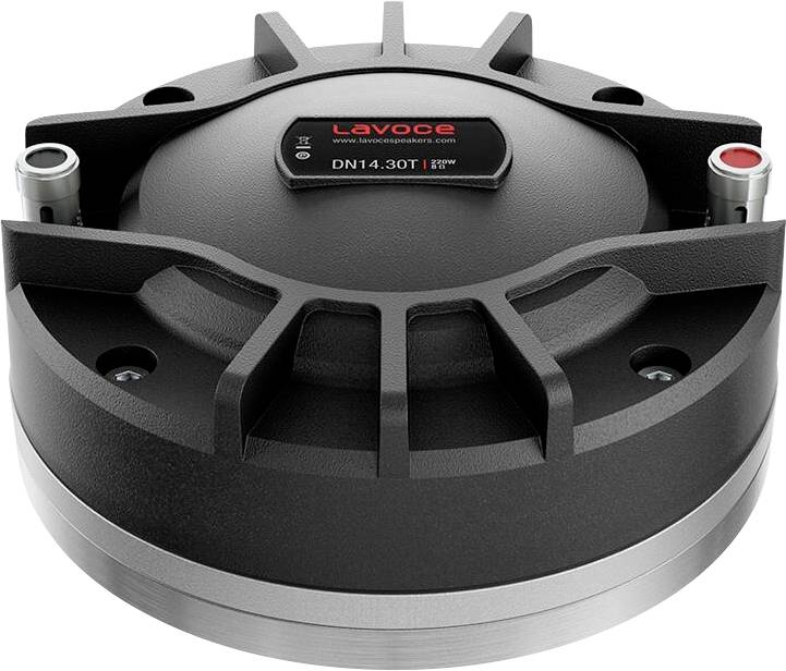 Ein schwarz-silberner Lautsprechertreiber mit einer oberen Beschriftung, auf der 