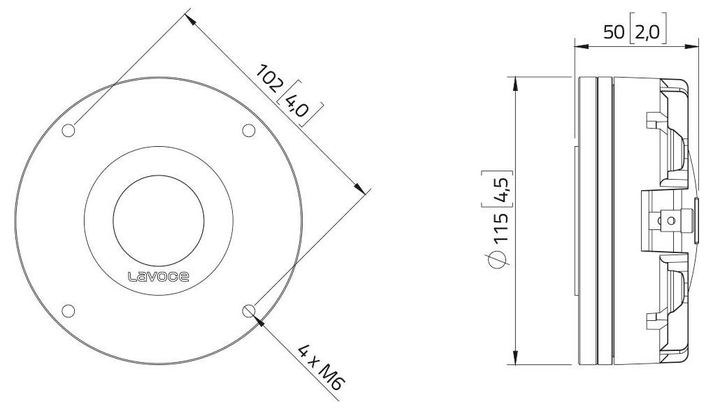 Technische Zeichnung einer runden Gerätehalterung, Durchmesser 102 mm, Tiefe 50 mm. Enthält vier M6-Schraubenlöcher, detaillierte Seitenansicht.