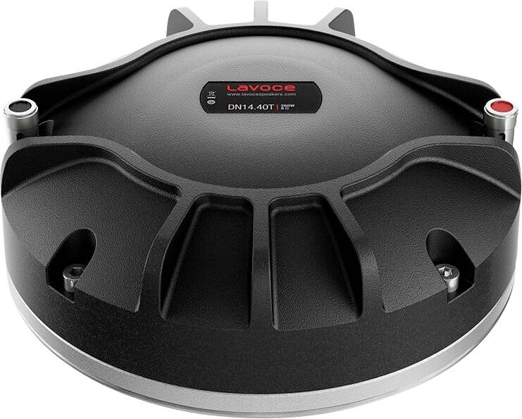 Ein schwarzer Lavoce DN14.40T Lautsprechertreiber mit rotem Rundanschluss und gerippter Struktur, von oben betrachtet.