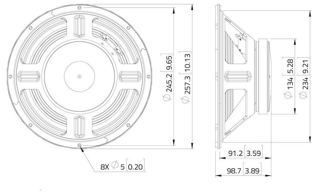Technische Zeichnung einer kreisförmigen Lautsprecherkomponente mit Seiten- und Vorderansicht. Die Abmessungen umfassen Durchmesser von 245,2 und 257,3 sowie eine Tiefe von 134,5.