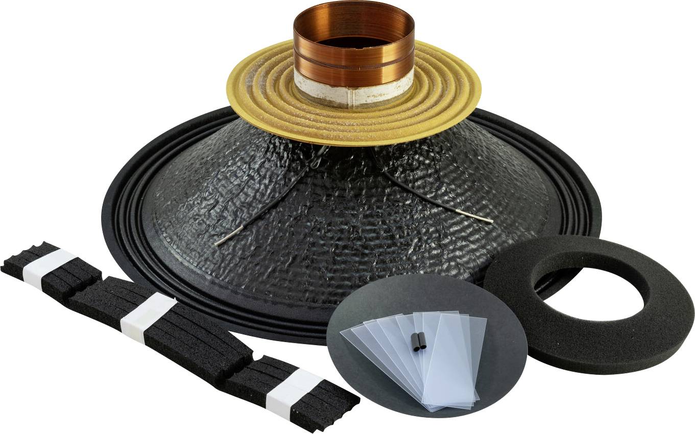Lautsprecherreparatursatz mit Membran, Kupferspule, Schaumstoffring und Klebstreifen. Wird zum Reparieren oder Zusammenbauen von Audiolautsprechern verwendet.