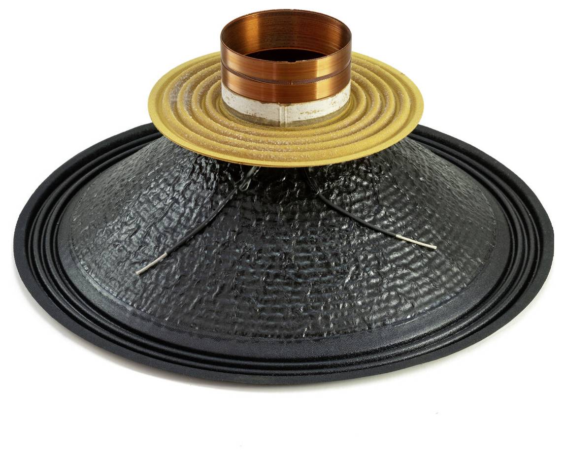 Nahaufnahme der inneren Komponenten eines Lautsprechercones mit einer strukturierten schwarzen Membran, einer orange-kupferfarbenen Spule und einem gelben Aufhängungsring.