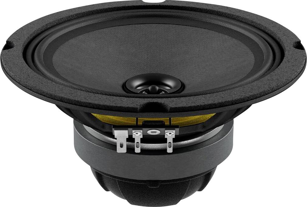 Ein rundes schwarzes Lautsprecher mit Kegelform, von vorne betrachtet. Es hat eine zentrale Kuppel, einen Metallrand und Anschlüsse.