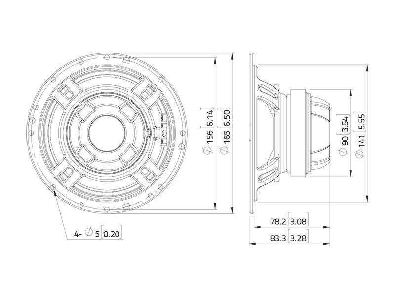 Technische Zeichnung eines Lautsprechers mit Abmessungen. Die Vorderansicht zeigt einen Durchmesser von 156 mm, die Seitenansicht zeigt eine Tiefe von 78,2 mm.