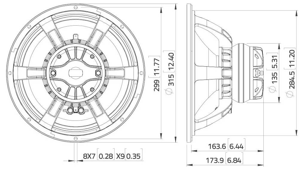 Technische Zeichnung eines Lautsprechers mit Seiten- und Frontansicht. Abmessungen: Durchmesser 299 mm, Tiefe 135 mm und weitere beschriftete Messungen.