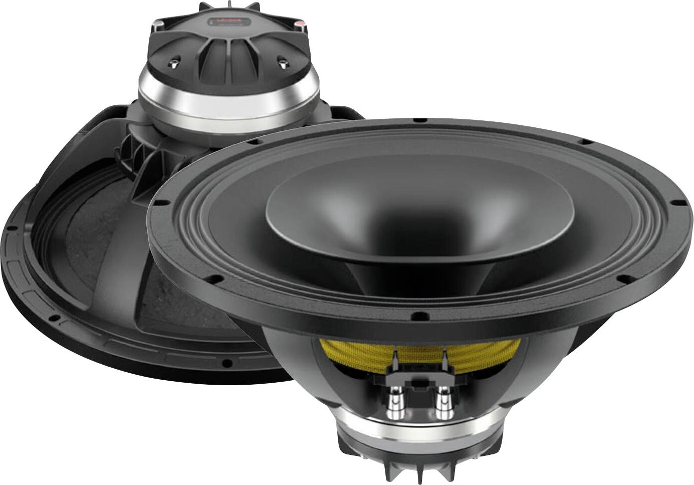 Zwei große schwarze Subwoofer-Lautsprecher mit silbernen und gelben Akzenten, auf weißem Hintergrund positioniert, die ihr Design und ihre Funktionen hervorheben.