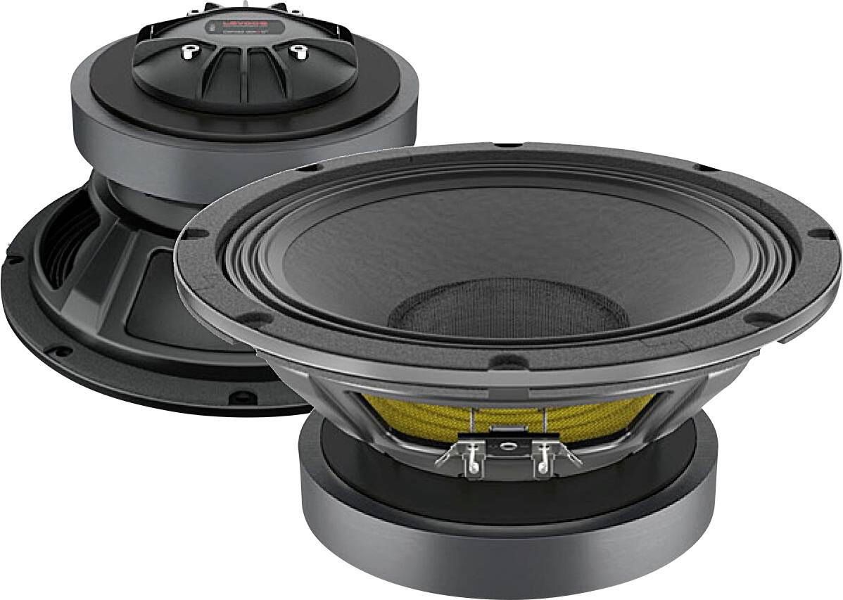Zwei schwarze Subwoofer, einer geneigt, um die Rückseite zu zeigen, und einer aufrecht, wobei die Lautsprechermembranen und Designmerkmale hervorgehoben werden.