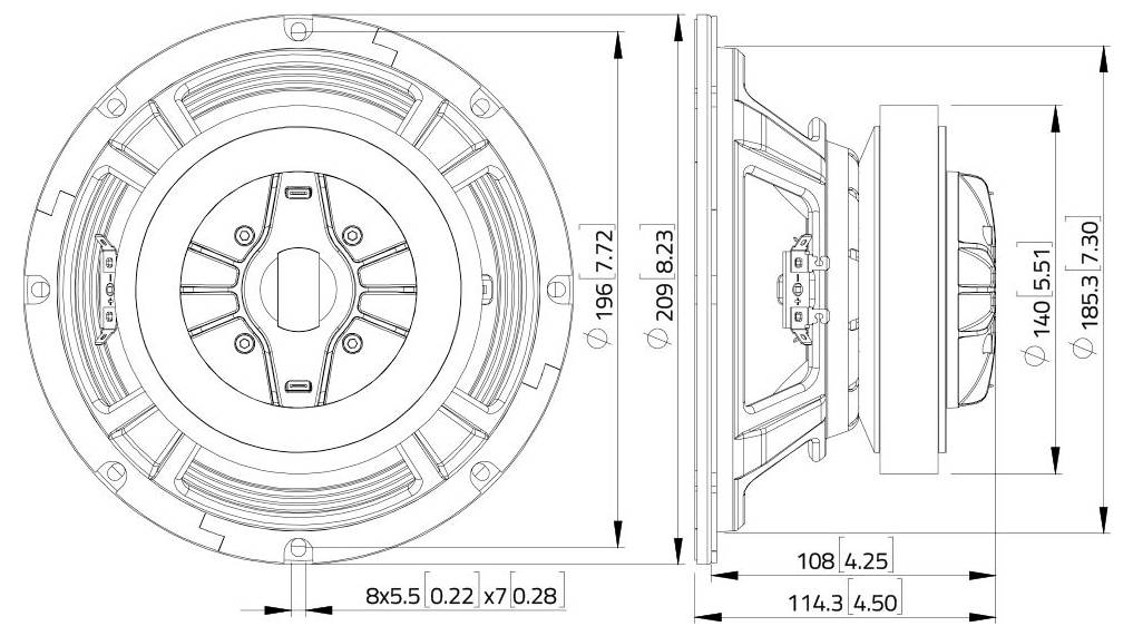 Technisches Diagramm eines Lautsprechers, das Vorder- und Seitenansichten mit detaillierten Abmessungen in Millimetern und Zoll zeigt.