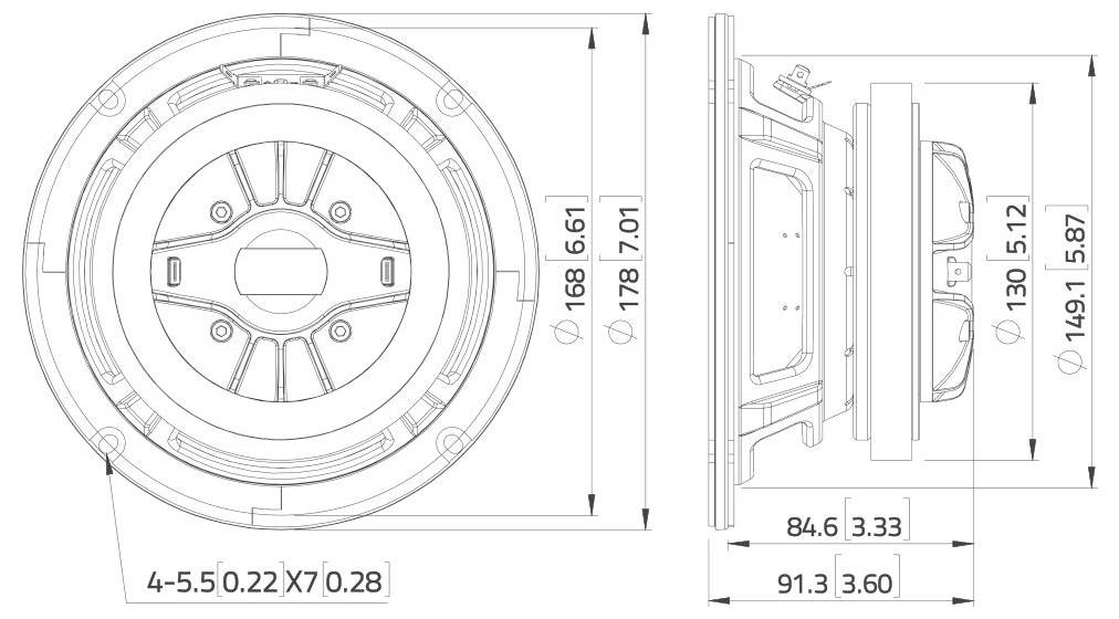 Zwei technische Strichzeichnungen eines runden Lautsprechers: Vorder- und Seitenansichten mit beschrifteten Abmessungen, die Montagespezifikationen und Tiefenangaben zeigen.