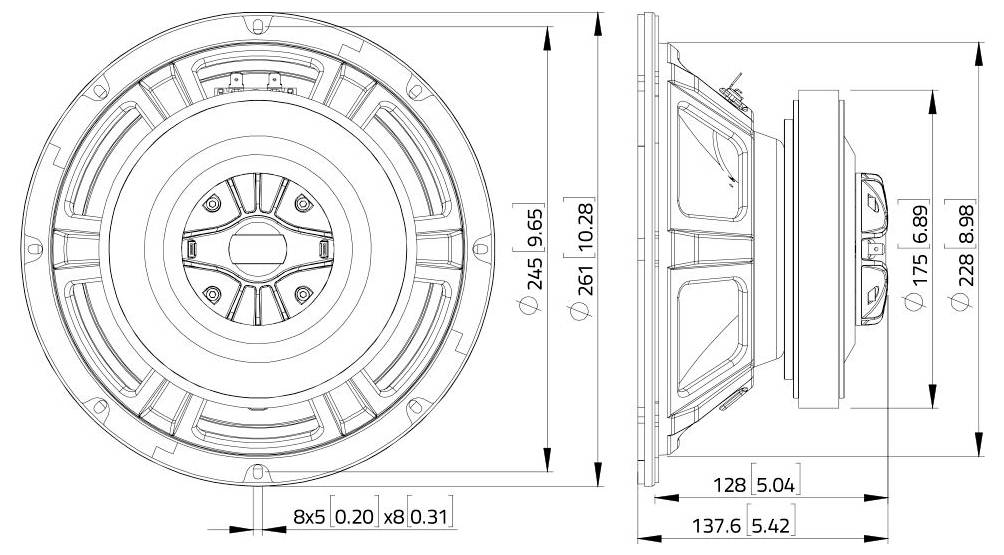 Technische Zeichnung eines Lautsprechers mit Abmessungen in Millimetern und Zoll: Durchmesser 245, Tiefe 128, Einbautiefe 118, belüftete Ausführung.
