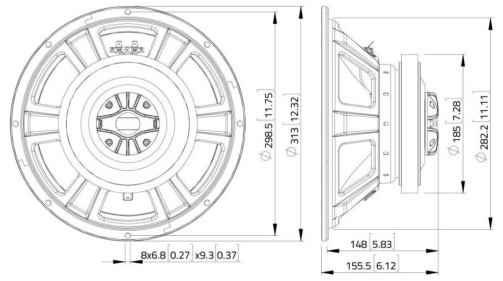 Technische Zeichnung eines Lautsprechersystems mit Vorder- und Seitenansicht mit Abmessungen. Der Kreisdurchmesser beträgt 298,5 mm und die Tiefe beträgt 155,5 mm.
