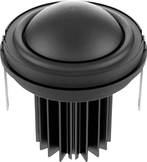 Runder schwarzer Lautsprechertreiber mit einer hervorstehenden Kuppel und Metallstiften an den Seiten, konstruiert für Soundsysteme oder Audiogeräte.