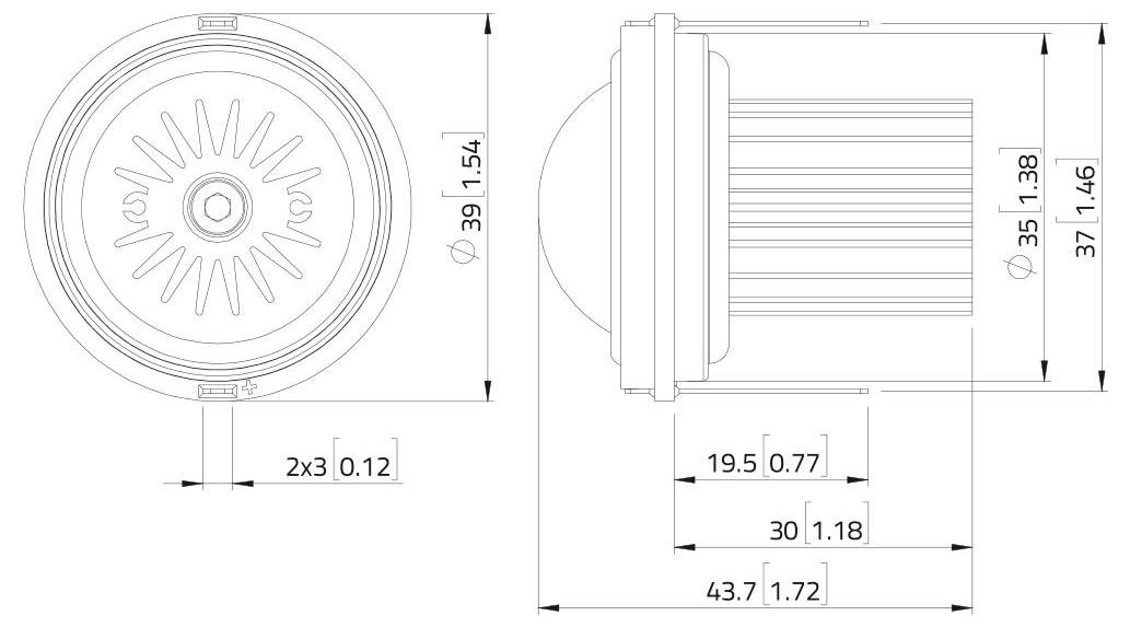 Technische Zeichnung einer runden Komponente mit radialen Rippen, zeigt Vorderansicht und Seitenansicht. Abmessungen sind in Zoll und Millimetern angegeben.