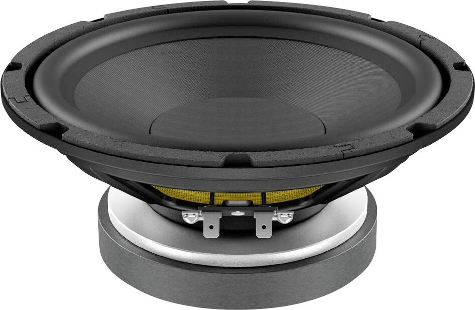 Ein Lautsprechertreiber mit schwarzem Konus und gelben Akzenten, auf weißem Hintergrund gezeigt, wobei seine Struktur und Designmerkmale hervorgehoben werden.