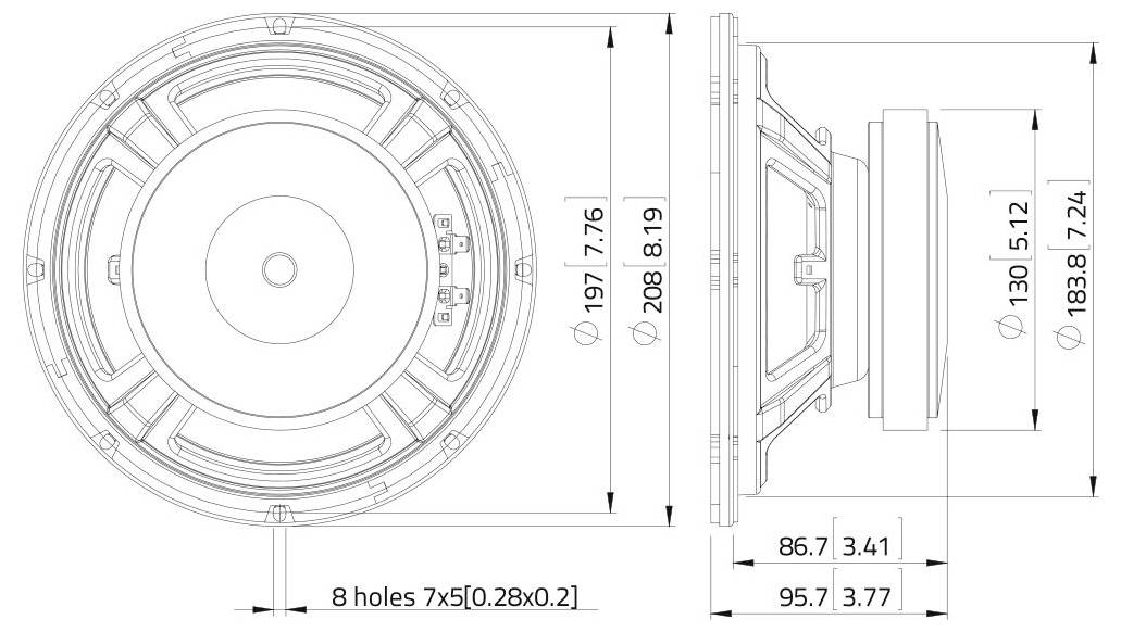 Technische Zeichnung eines kreisförmigen Lautsprechers. Vorderansicht Durchmesser: 208,19 mm. Seitenansicht Tiefe: 130,51 mm. Zeigt acht Befestigungslöcher.