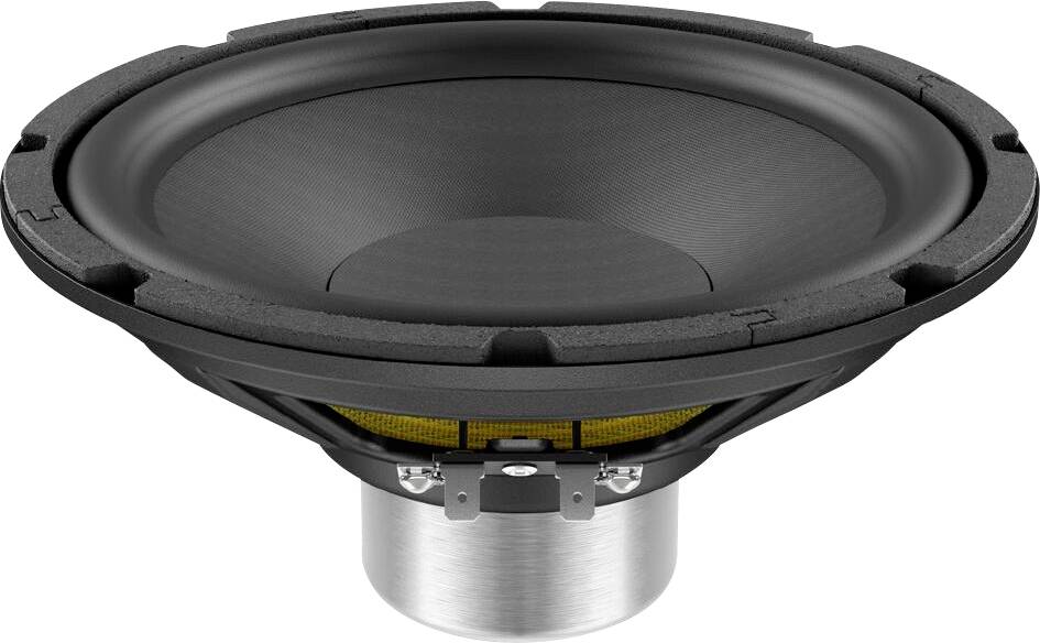 Eine Nahaufnahme einer schwarzen Audioschachtel-Konusmembran mit metallischer Basis, die das geschwungene Design und die detaillierte innere Randstrukturierung zeigt.