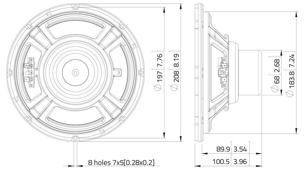 Technische Zeichnung eines Lautsprechers mit Front- und Seitenansicht mit Abmessungen: Durchmesser 197 mm, Tiefe 100,5 mm; enthält Bohrungen und Messwerte.