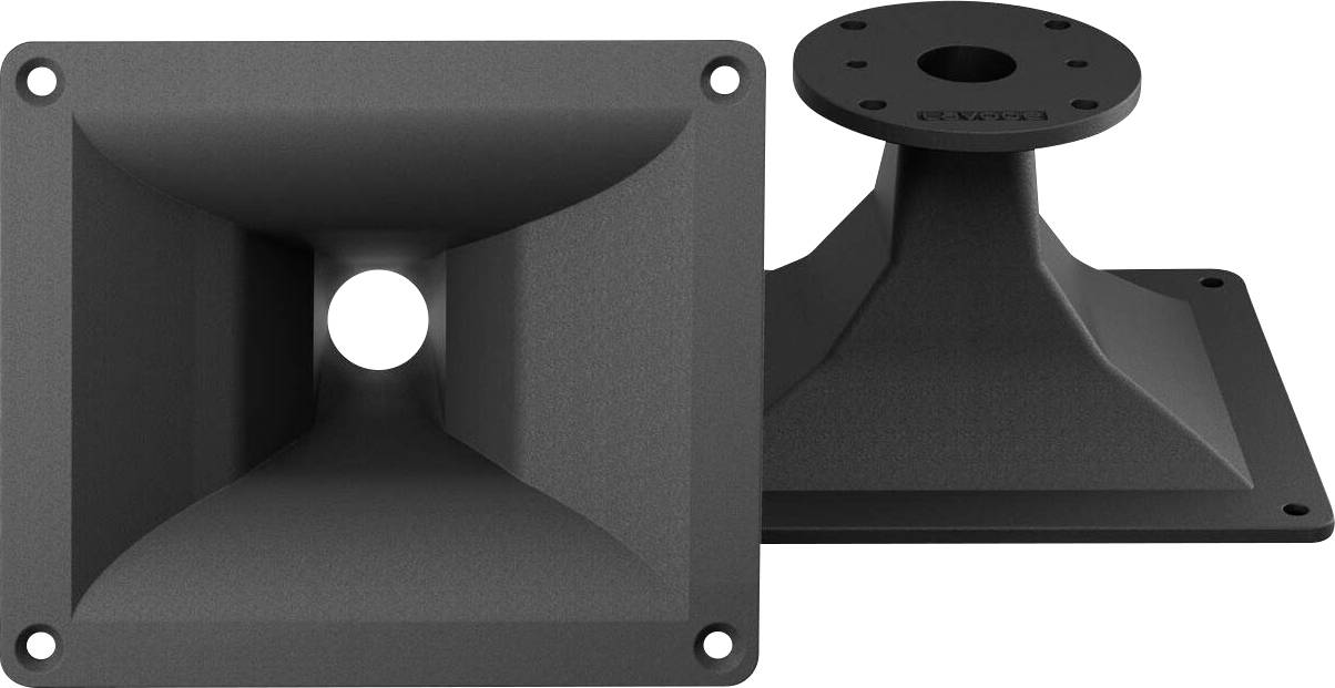 Zwei schwarze Lautsprecherhornhalterungen mit ausgestellten Fronten und kreisförmigen Öffnungen, entwickelt zur Soundprojektion und zur Befestigung an Audiogeräten.