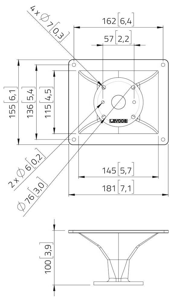 Technische Zeichnung einer quadratischen Lüfterbefestigung mit Abmessungen: Draufsicht zeigt Befestigungslöcher und Abstände; Seitenansicht zeigt Höhe und Befestigungsstütze.