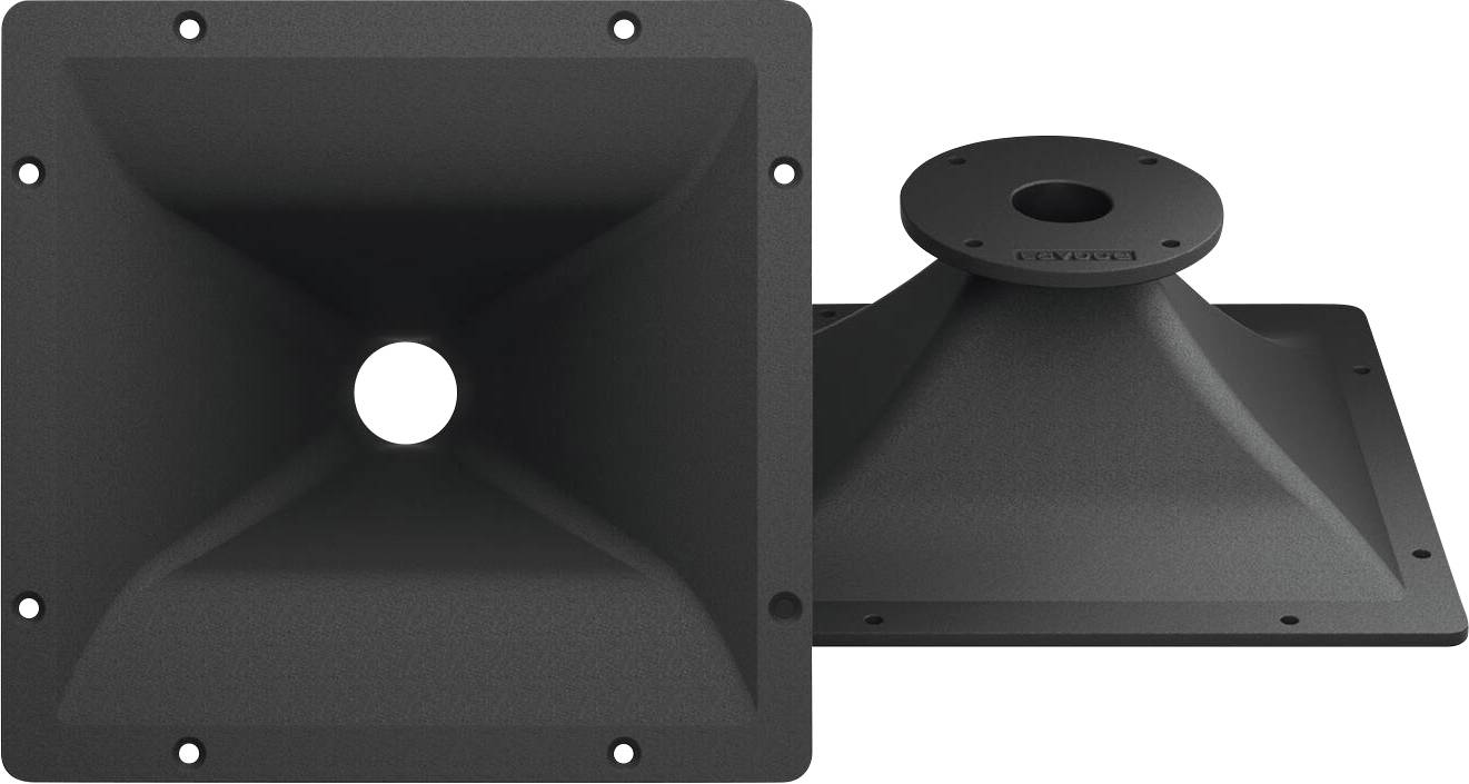 Zwei schwarze, quadratische Lautsprecherhörner mit runden Öffnungen, eines mit der Vorderseite nach oben positioniert und das andere auf der Seite liegend, zeigt die hintere Struktur.
