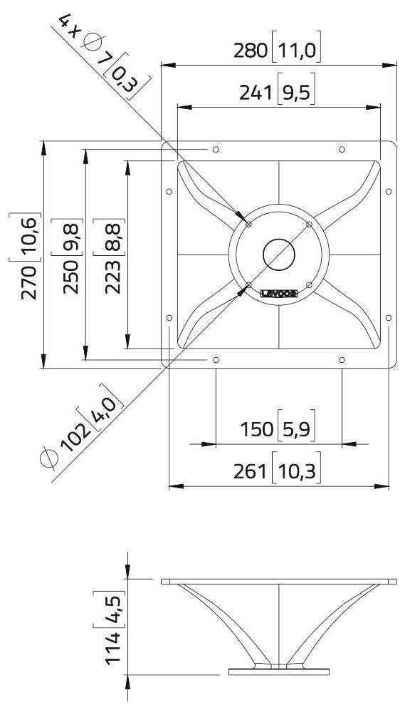 Technisches Diagramm eines quadratischen Lüfters mit Abmessungen: 280x280mm. Die Seitenansicht zeigt eine Tiefe von 114mm. Enthält detaillierte Maßangaben einzelner Komponenten.
