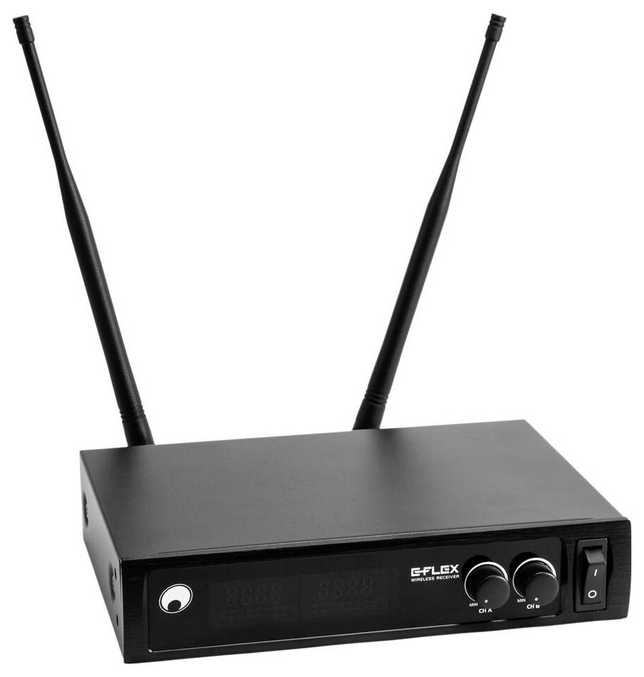 Ein schwarzer kabelloses Mikrofon-Empfänger mit zwei Antennen und Bedienknöpfen auf der Frontplatte.